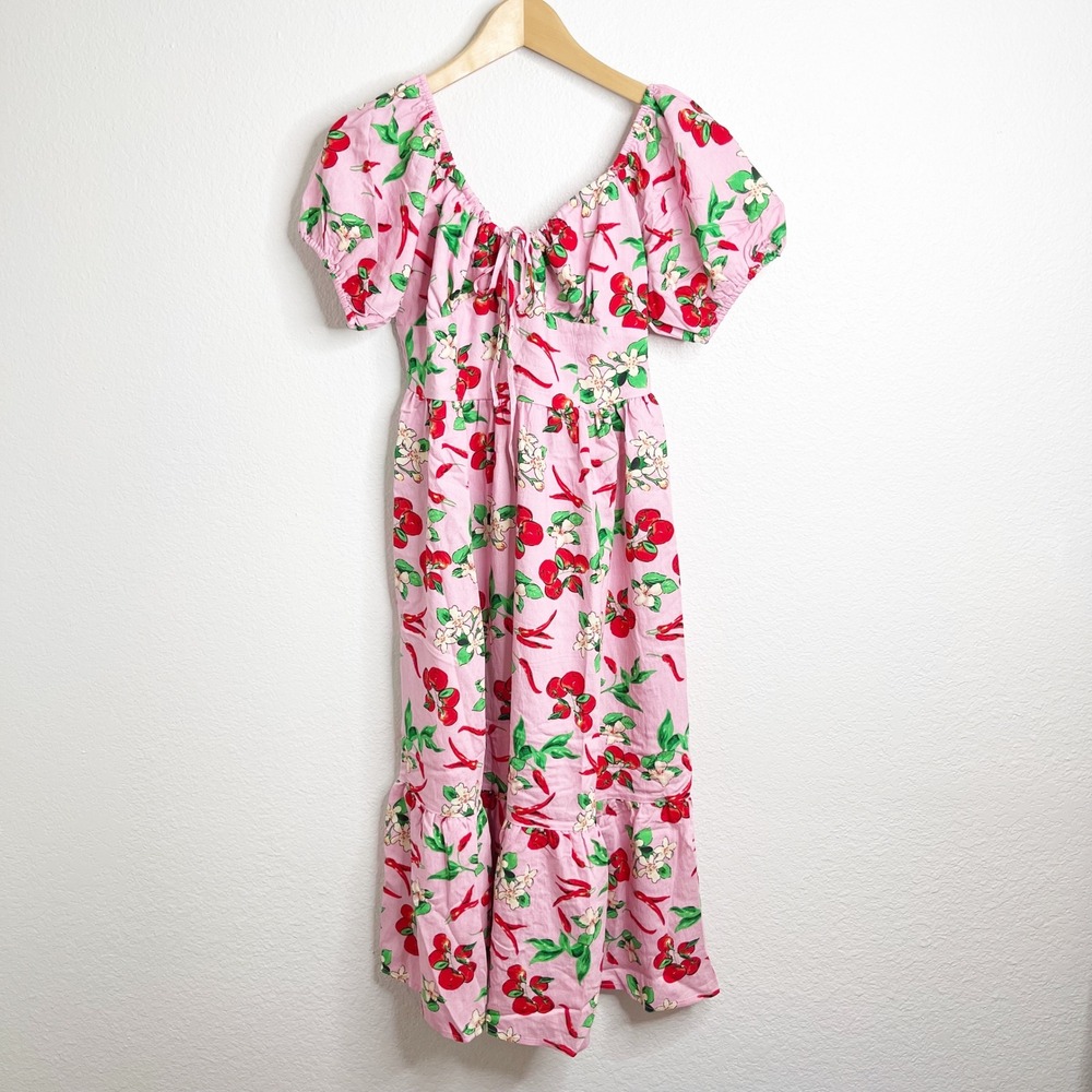 Umgee‎ Pink Cherry Chili Pepper Floral Puff Sleeve Smocked Midi Dress NWT Medium